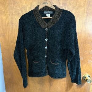 Vintage Sundance Black & Brown Chenille Button Up Cardigan Sweater 2 Lagenlook